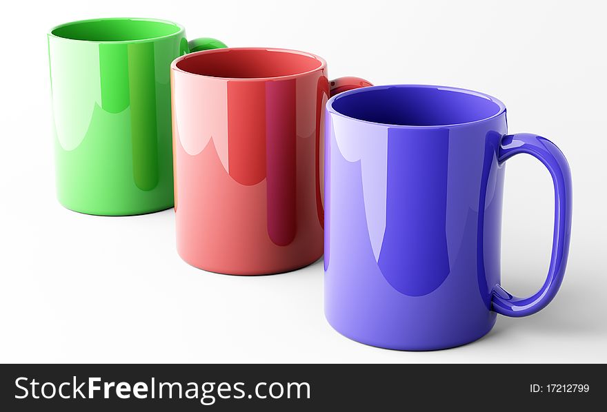 Three Color Mugs Over White