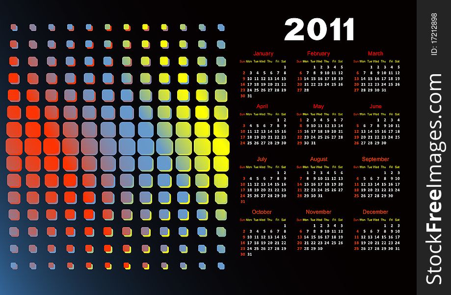 Calendar for 2011 for a black background. The calendar is executed in red both yellow and white color. Calendar for 2011 for a black background. The calendar is executed in red both yellow and white color.