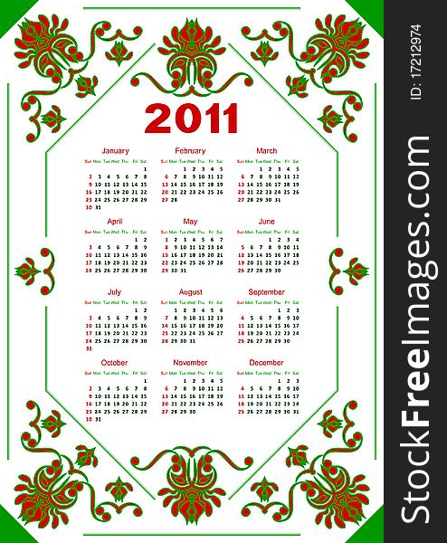 Calendar for 2011 for a white background. The calendar is executed in red and green color. Calendar for 2011 for a white background. The calendar is executed in red and green color.