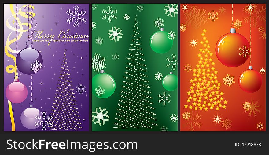 Three Christmas background with Christmas tree, balls and snowflakes. Three Christmas background with Christmas tree, balls and snowflakes.
