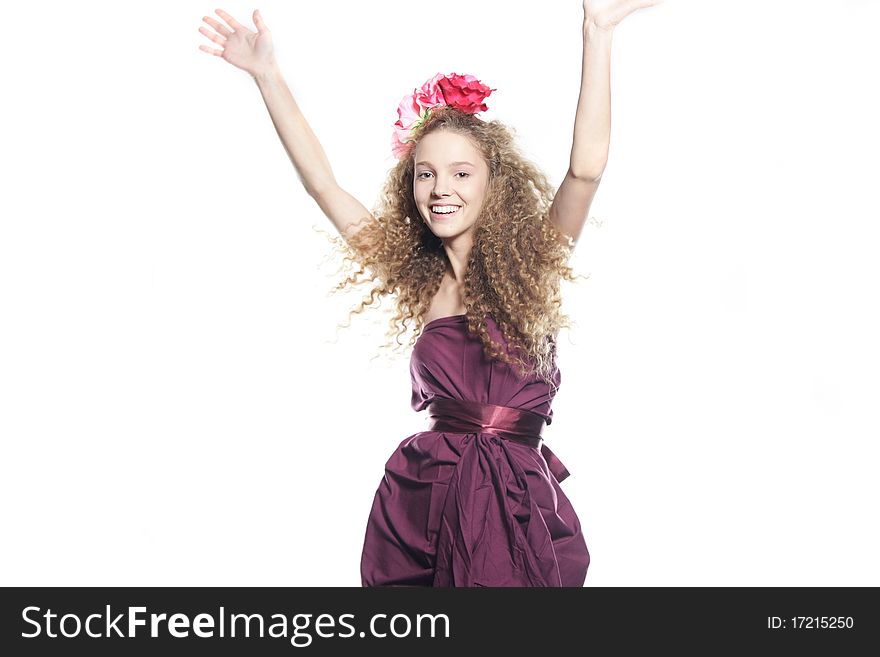 Studio portrait of young happy woman over white