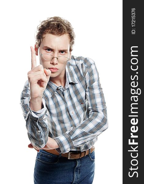 Studio portrait of young handsome man over white