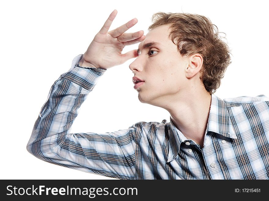 Studio portrait of young handsome man over white