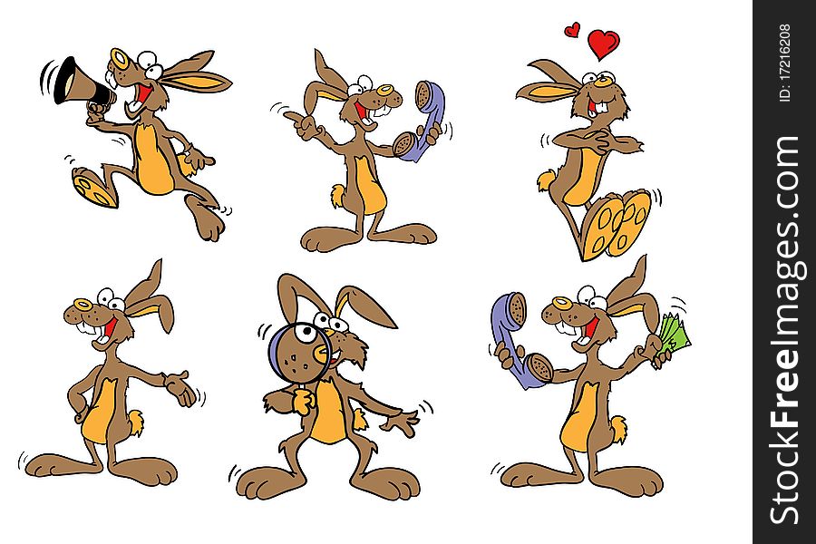 Illustration of a bunny mascot describing, being in love, showing, yelling, with money. Illustration of a bunny mascot describing, being in love, showing, yelling, with money.