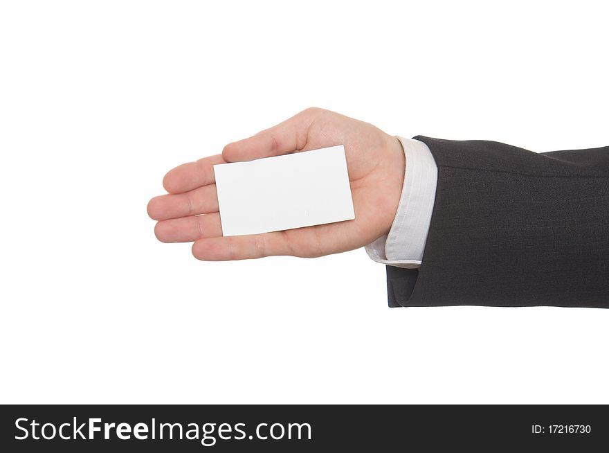 Business man handing a blank business card over white