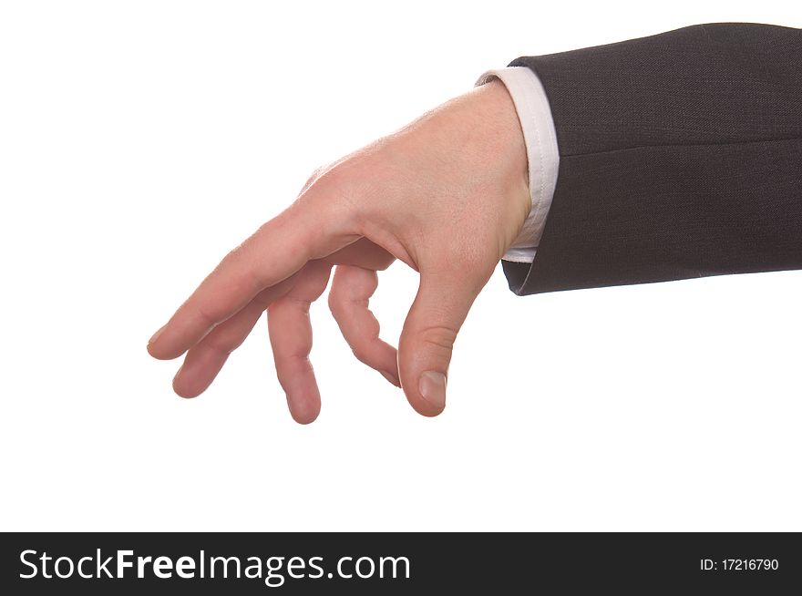 Well shaped businessman's hand reaching for something isolated on white