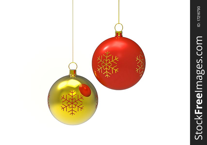 Golden and red christmas balls isolated on white 3d render