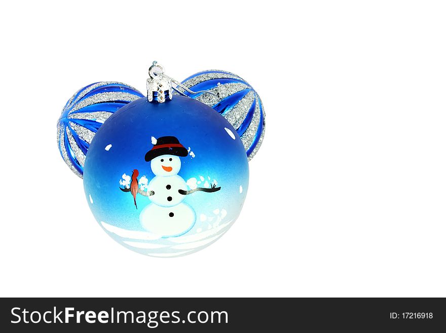 Blue christmas balls with snowman isolated on white