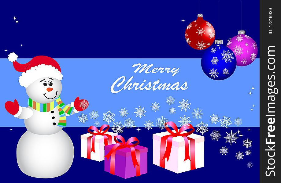 Christmas background with snowman, gifts and balls. vector. Christmas background with snowman, gifts and balls. vector.