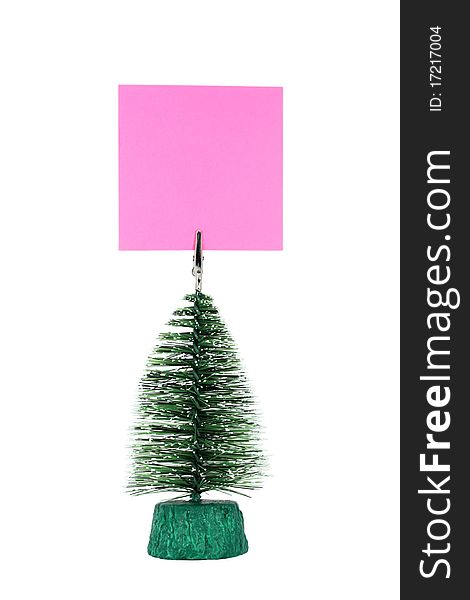 Little decorative christmas tree with blank paper isolated