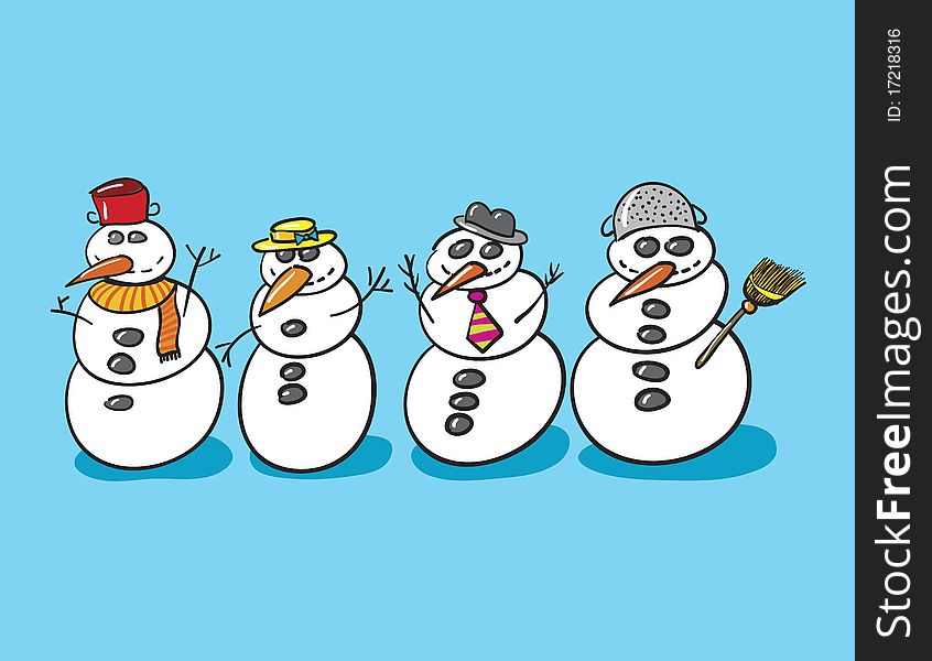 Four different snow mans against blue background, abstract vector art illustration