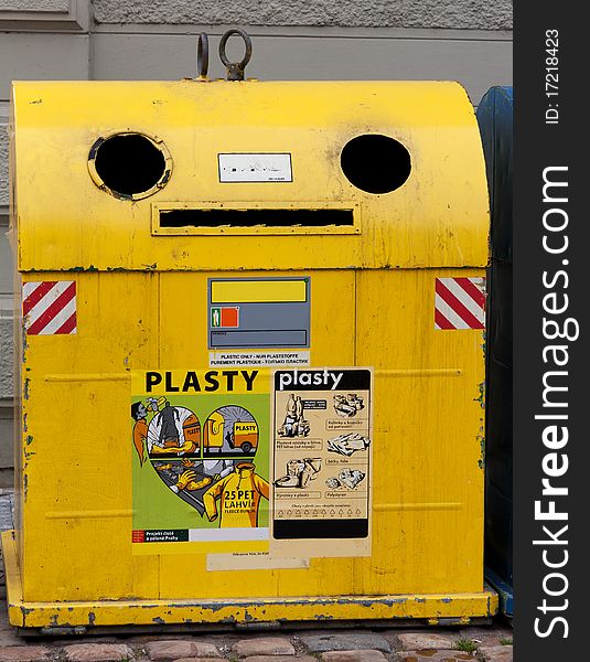 Yellow trash on the streets of Prague in the Czech Republic