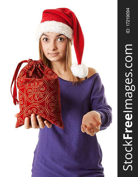 Beautiful girl in red Santa hat on a white background