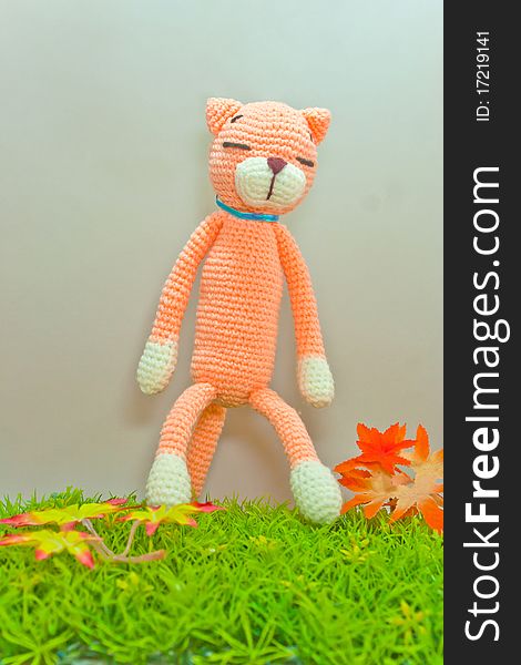 Knitted cat toy isolated on green grass
