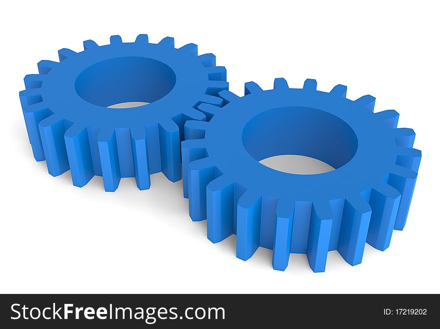 3D render of two intermeshed blue plastic gears isolated against a white background.