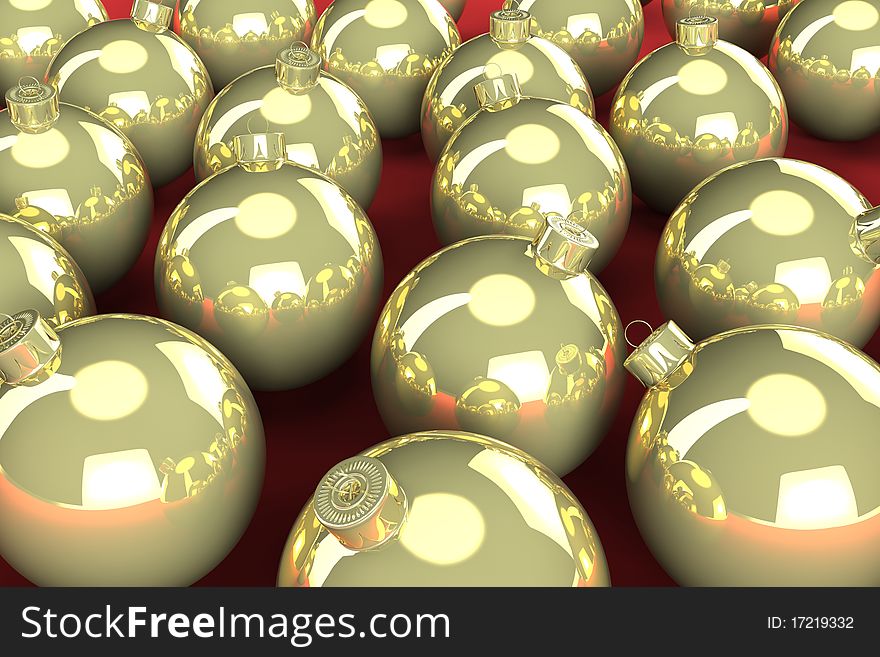 Gold Christmas balls sitting on a red surface