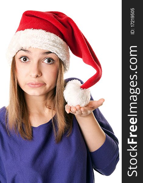 Beautiful girl in red Santa hat on a white background