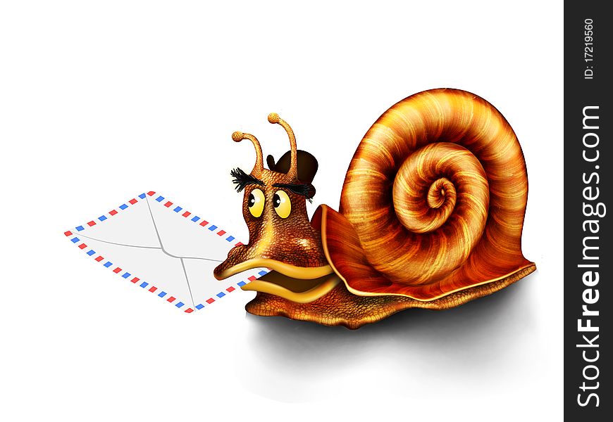 Snail isolated on a white background is associated with slow mail. Snail isolated on a white background is associated with slow mail