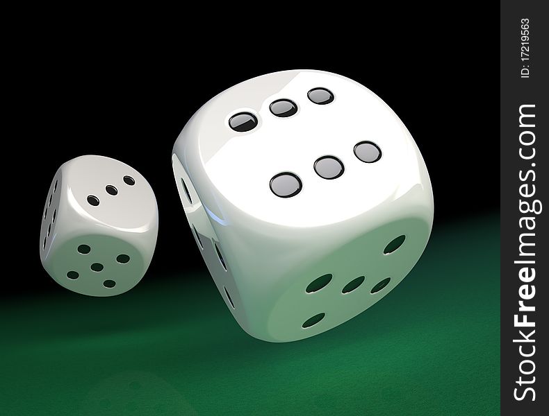 White dice rolling along on green felt. White dice rolling along on green felt.