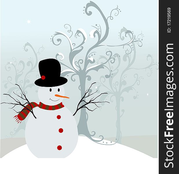 Happy snowman and tree, christmas card