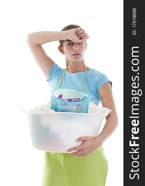 Tired Woman Doing the Laundry, white background