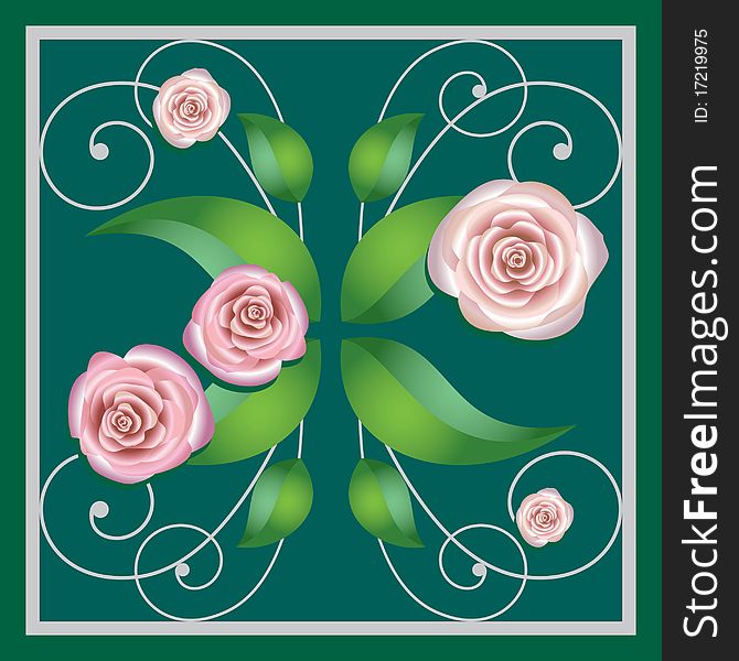 Element of a flower ornament on a green background, in a square, roses. Element of a flower ornament on a green background, in a square, roses