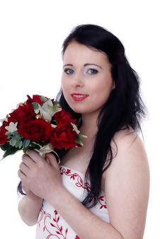 Cute Young Bride In White And Red Wedding Dress Stock Photo Cute Young Bride In White And Red Wedding Dress Stock Photo