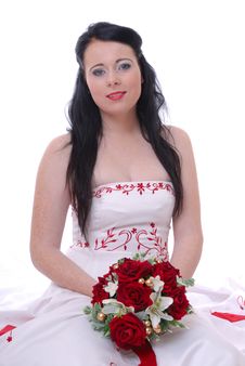 Cute Young Bride In White And Red Wedding Dress Stock Photos Cute Young Bride In White And Red Wedding Dress Stock Photos