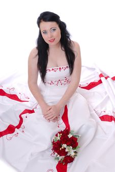 Cute Young Bride In White And Red Wedding Dress Royalty Free Stock Photography