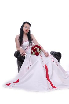 Cute Young Bride In White And Red Wedding Dress Royalty Free Stock Photography Cute Young Bride In White And Red Wedding Dress Royalty Free Stock Photography