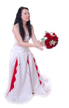 Cute Young Bride In White And Red Wedding Dress Stock Images Cute Young Bride In White And Red Wedding Dress Stock Images