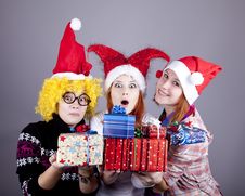 Three Girlfriends In Funny Hats Royalty Free Stock Photography Three Girlfriends In Funny Hats Royalty Free Stock Photography
