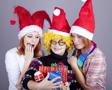Three Girlfriends In Funny Hats Royalty Free Stock Photography Three Girlfriends In Funny Hats Royalty Free Stock Photography