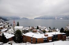 Winter View Of Small Town And Mountain Lake Royalty Free Stock Photography Winter View Of Small Town And Mountain Lake Royalty Free Stock Photography