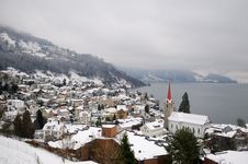 Winter View Of Small Town And Mountain Lake Royalty Free Stock Image Winter View Of Small Town And Mountain Lake Royalty Free Stock Image