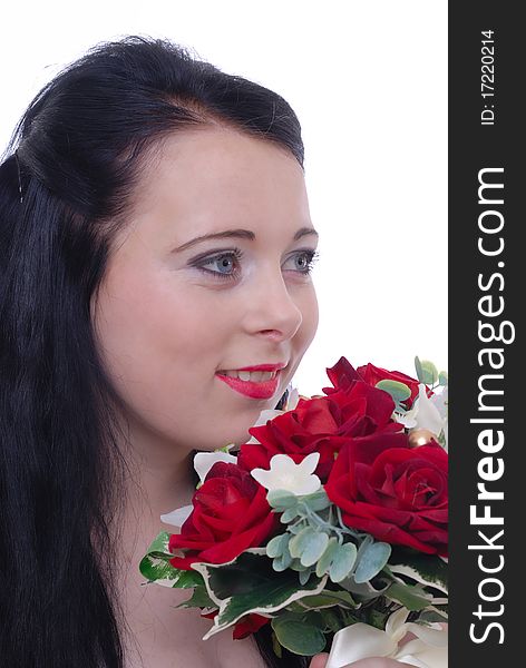 Photograph of beautiful young female with flowers isolated