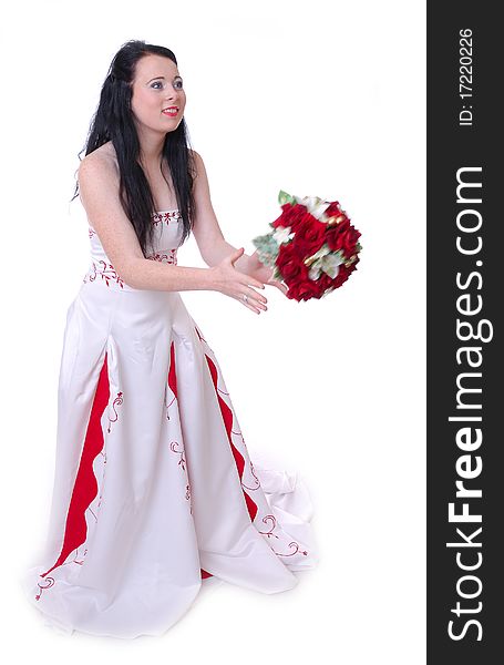 Photograph of beautiful young female in wedding dress with flowers isolated