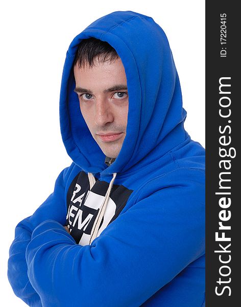 Photograph showing male in blue hooded top isolated against white