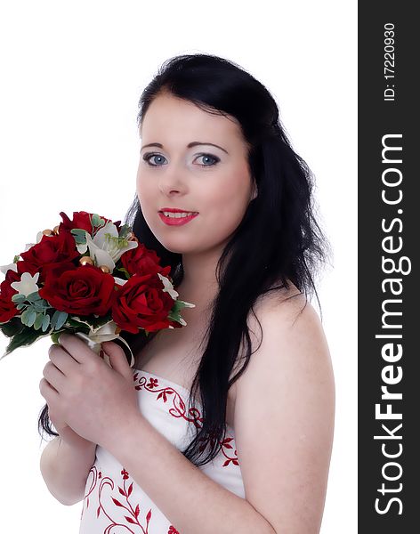 Photograph showing cute young bride in white and red wedding dress isolated against white