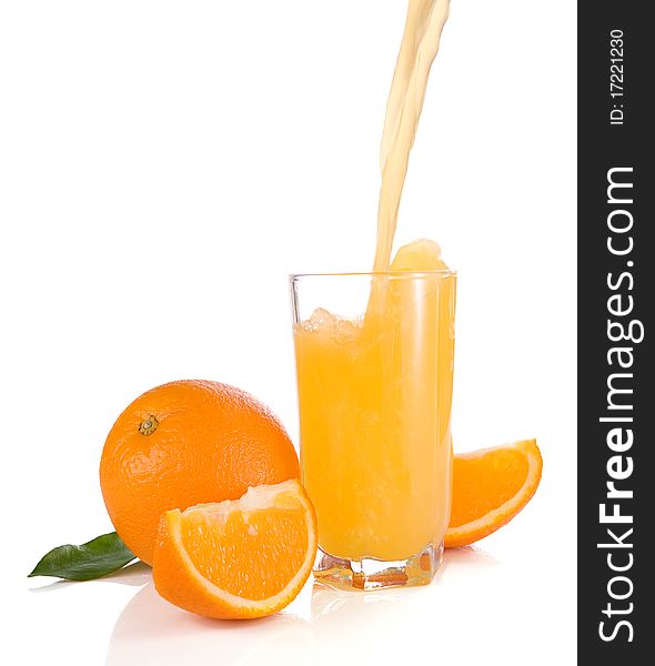 Flowing juice and orange isolated on white