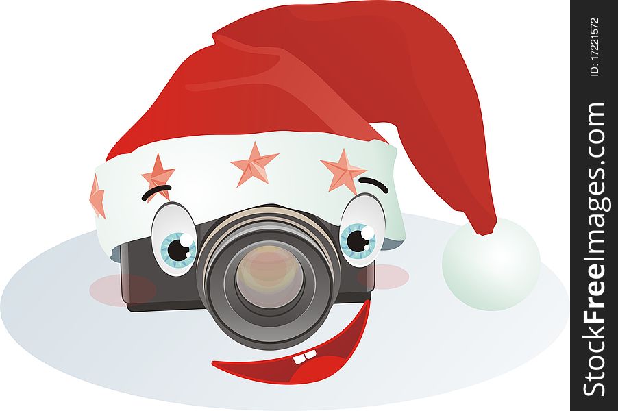 Vector drawing smiling camera in a red cap. Vector drawing smiling camera in a red cap