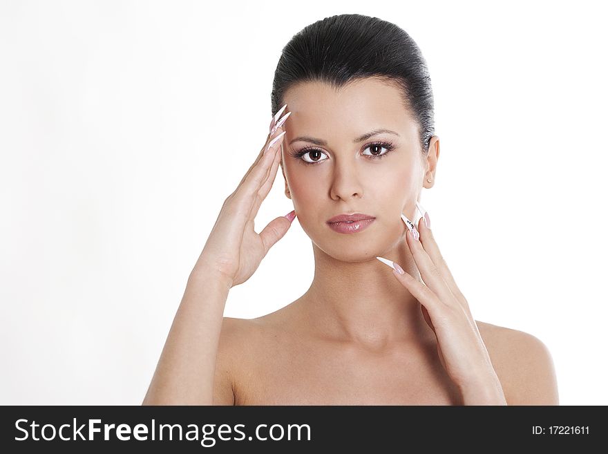 Brunette with natural make up and manicure