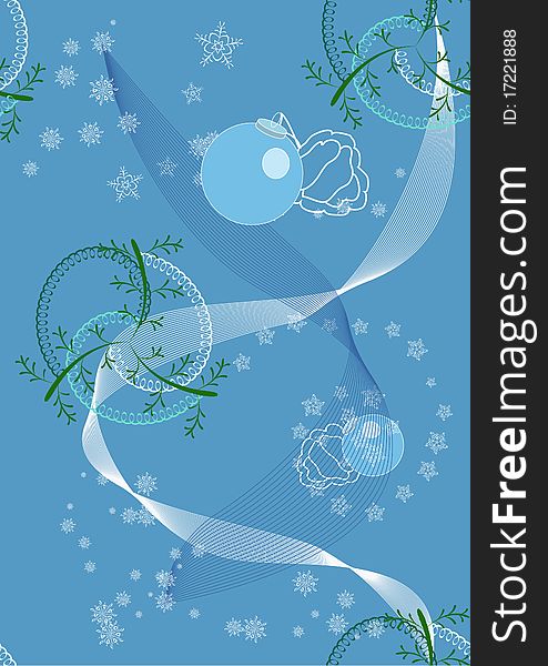 New Year pattern with snowlakes, curls and Christmas tree decorations. New Year pattern with snowlakes, curls and Christmas tree decorations.