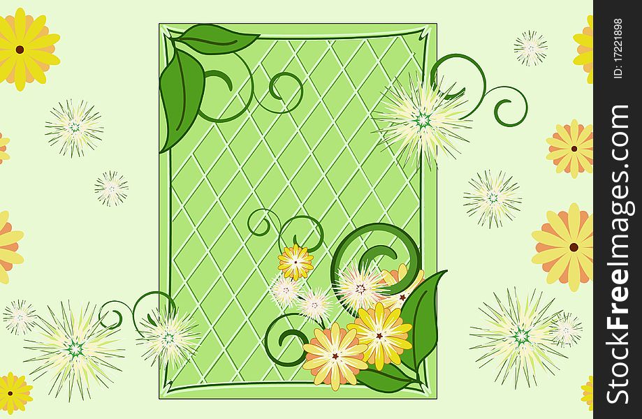 Mostly green pattern with frame, leaves and flowers. Mostly green pattern with frame, leaves and flowers.