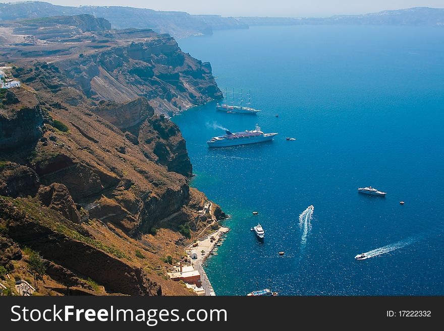 Harbor In Santorini With Cruise Ships