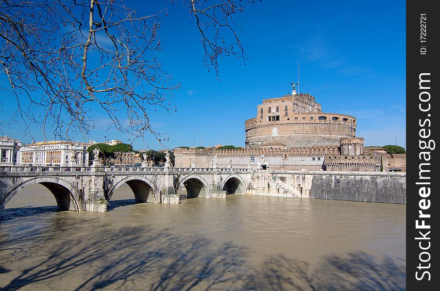 Rome: castle Saint Angelo, tomb of Roman emperor Hadrian and the old bridge on Tiber river