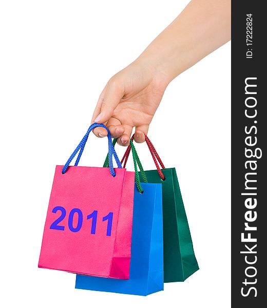 Hand with shopping bags 2011 isolated on white background