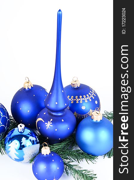 Christmas blue balls on white background