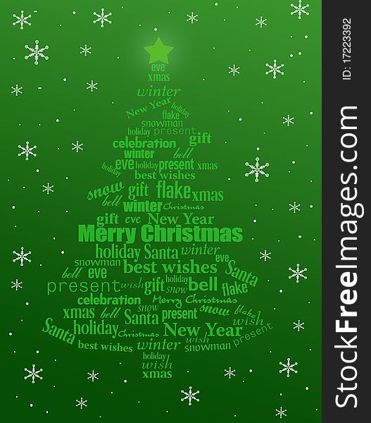 Christmas tree made of Christmas words on green and snowflakes -  illustration. Christmas tree made of Christmas words on green and snowflakes -  illustration