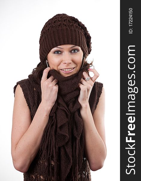 Woman in warm scarf and hat. Woman in warm scarf and hat